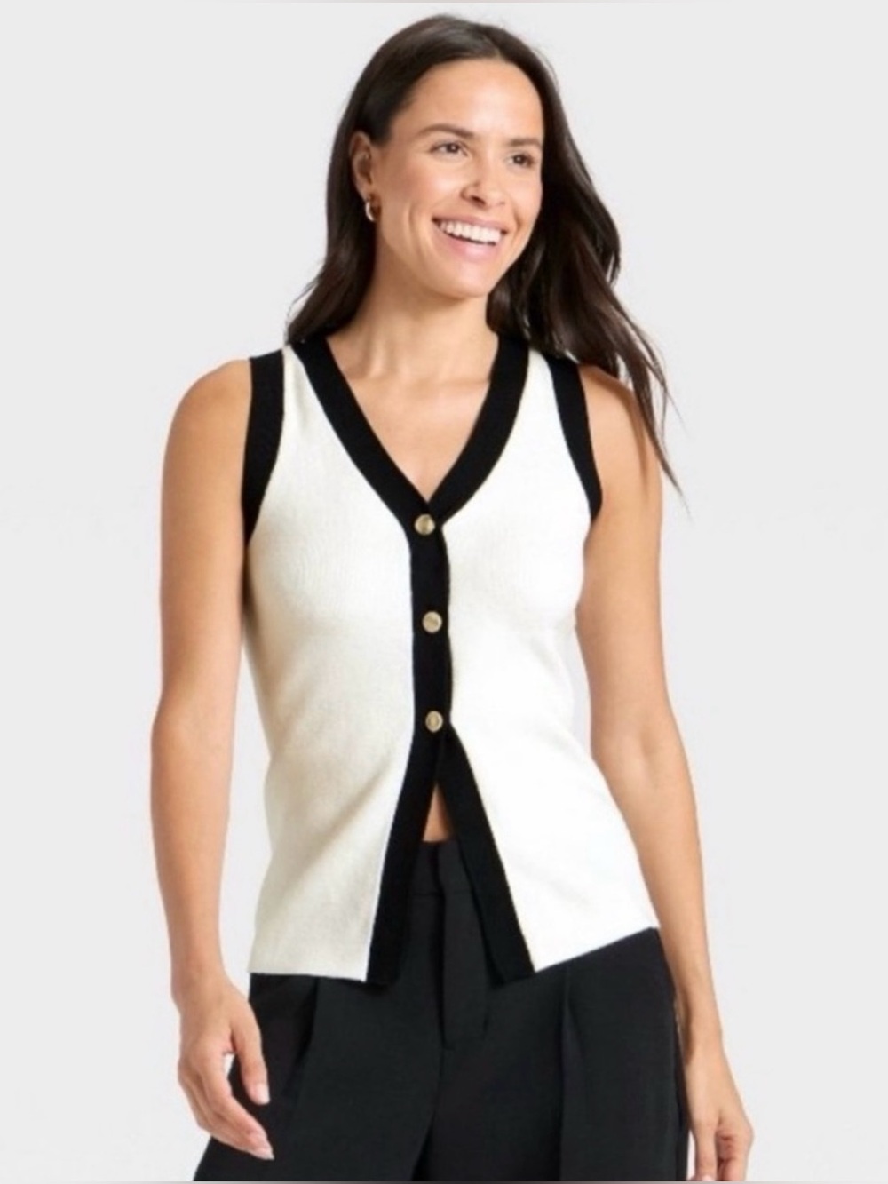 A New Day Black and White Button Front Knit Vest Tank